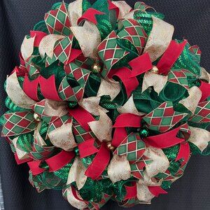 Christmas Wreath Gold, Red, and Green Made of Deco Mesh